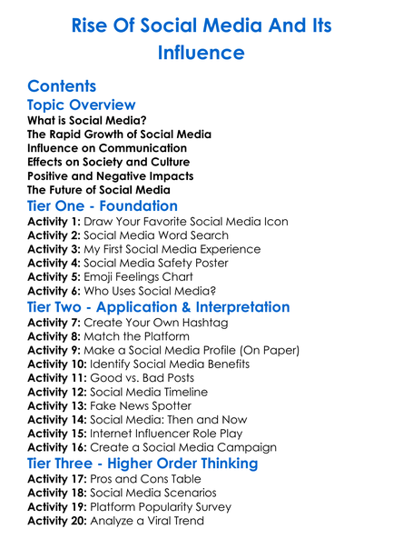 Rise Of Social Media And Its Influence Worksheet Activity Booklet