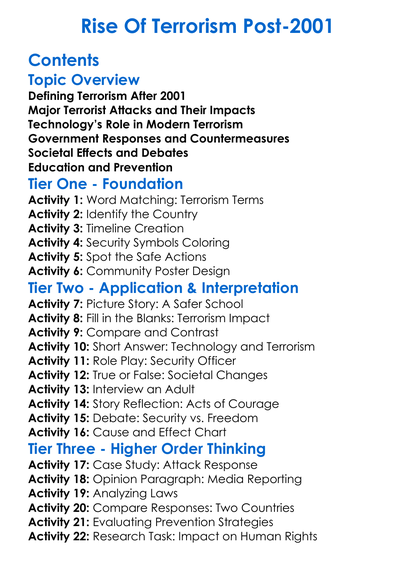 Rise Of Terrorism Post-2001 Worksheet Activity Booklet
