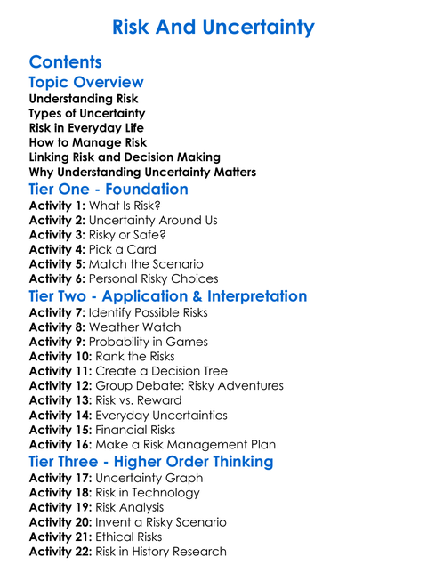 Risk And Uncertainty Worksheet Activity Booklet