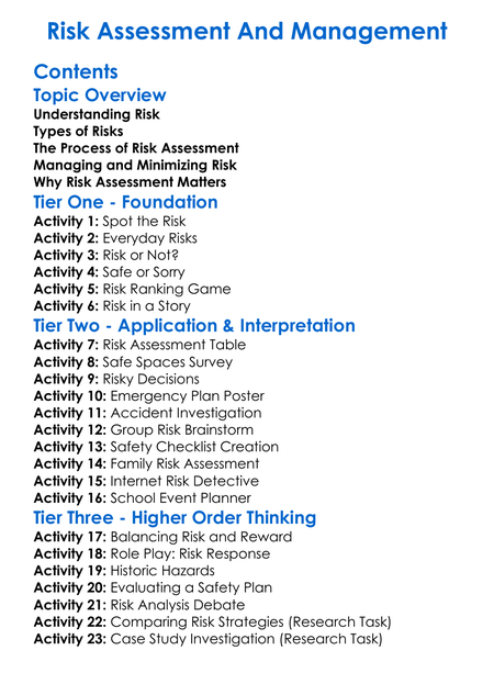 Risk Assessment And Management Worksheet Activity Booklet