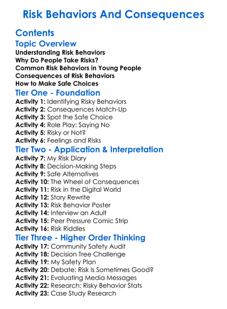 Risk Behaviors And Consequences Worksheet Activity Booklet
