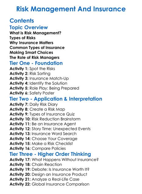 Risk Management And Insurance Worksheet Activity Booklet