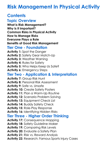 Risk Management In Physical Activity Worksheet Activity Booklet
