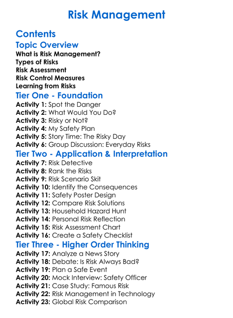 Risk Management Worksheet Activity Booklet