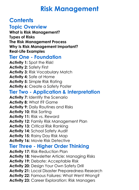 Risk Management Worksheet Activity Booklet