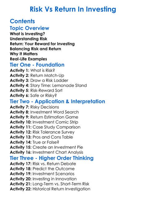 Risk Vs Return In Investing Worksheet Activity Booklet