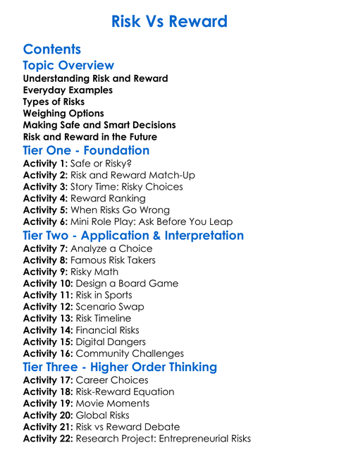 Risk Vs Reward Worksheet Activity Booklet