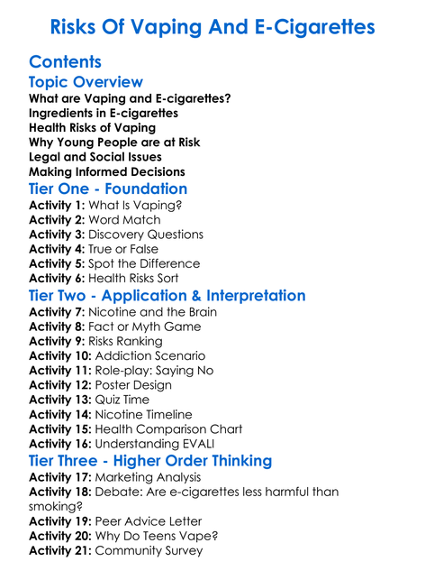 Risks Of Vaping And E-Cigarettes Worksheet Activity Booklet