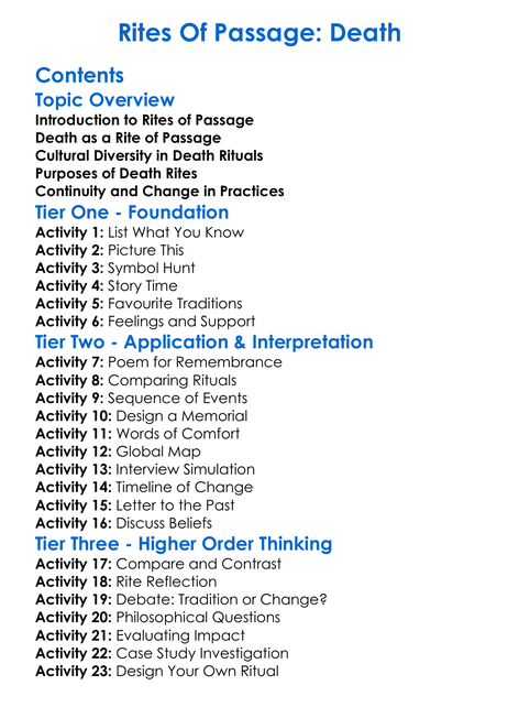 Rites Of Passage Death Worksheet Activity Booklet