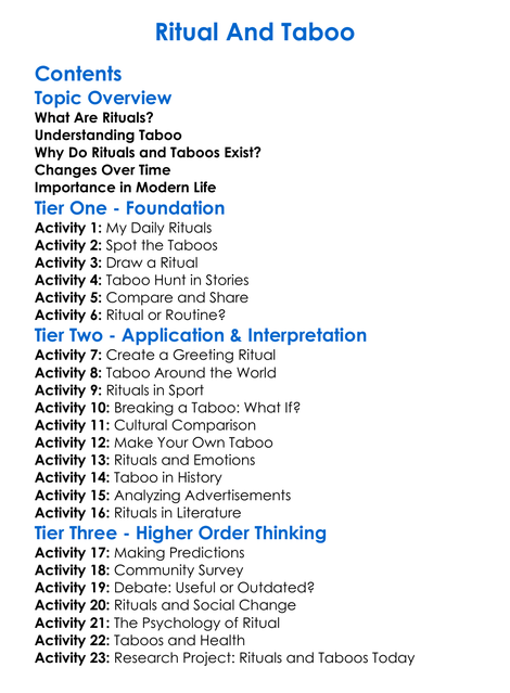 Ritual And Taboo Worksheet Activity Booklet