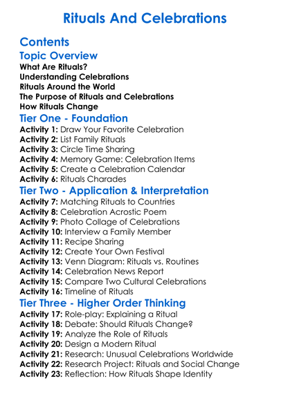 Rituals And Celebrations Worksheet Activity Booklet