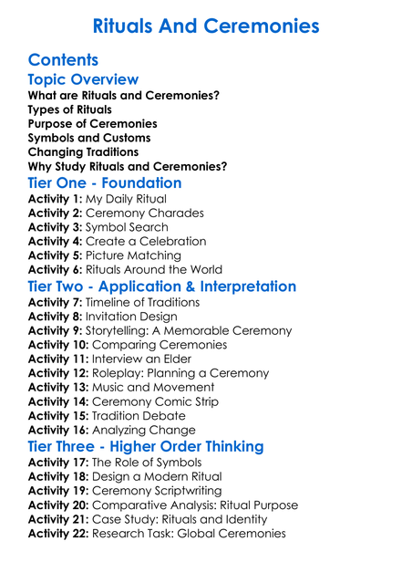 Rituals And Ceremonies Worksheet Activity Booklet