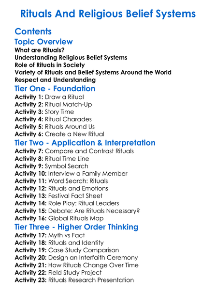 Rituals And Religious Belief Systems Worksheet Activity Booklet