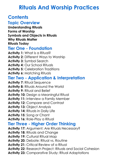 Rituals And Worship Practices Worksheet Activity Booklet