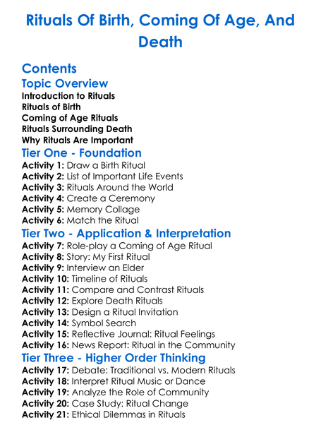 Rituals Of Birth Coming Of Age And Death Worksheet Activity Booklet