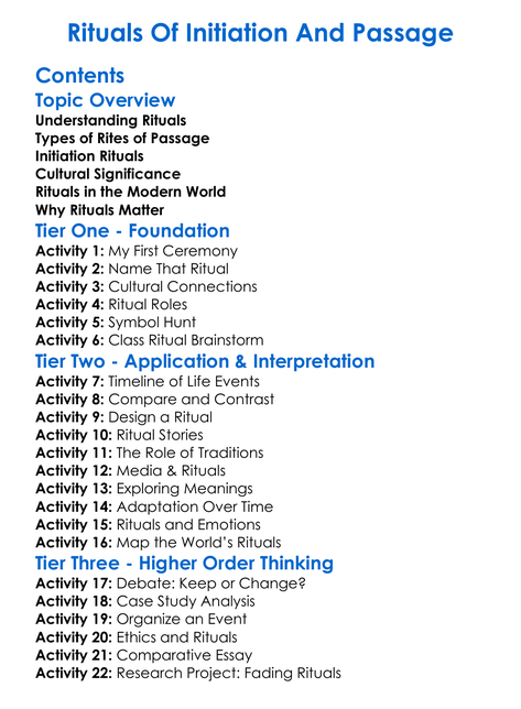 Rituals Of Initiation And Passage Worksheet Activity Booklet