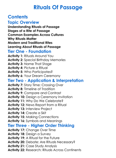 Rituals Of Passage Worksheet Activity Booklet