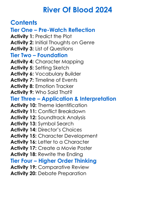 River Of Blood 2024 Worksheet Activity Booklet