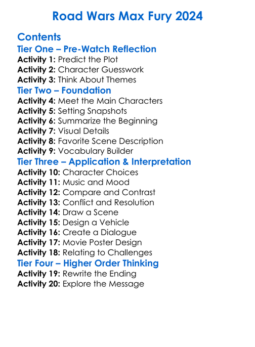 Road Wars Max Fury 2024 Worksheet Activity Booklet