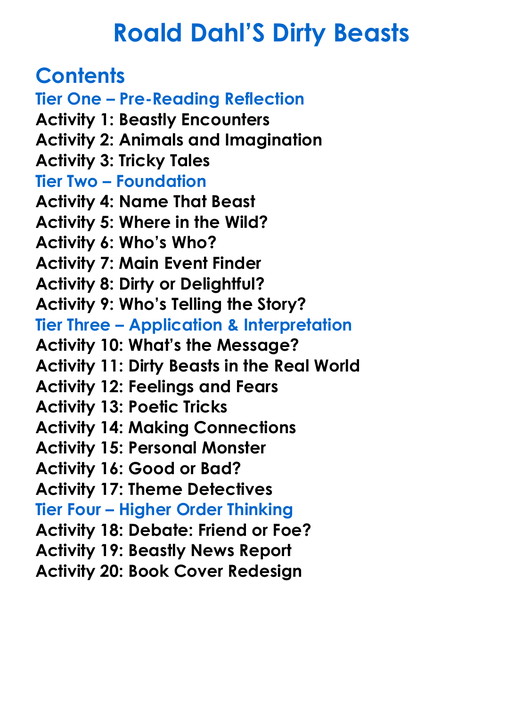 Roald Dahls Dirty Beasts Worksheet Activity Booklet