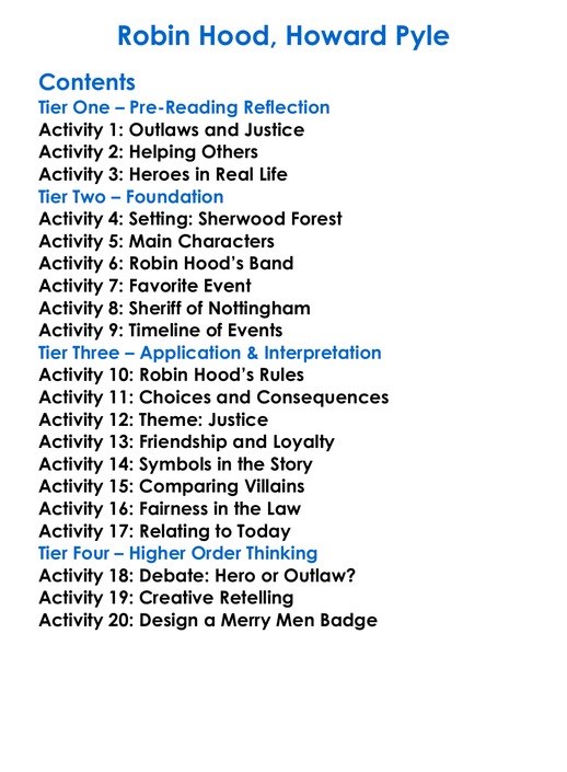 Robin Hood Howard Pyle Worksheet Activity Booklet