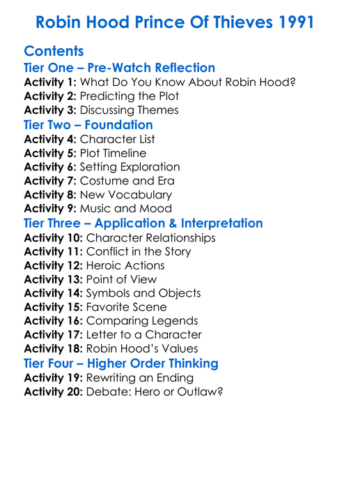 Robin Hood Prince Of Thieves 1991 Worksheet Activity Booklet