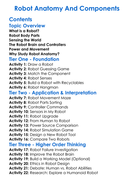 Robot Anatomy And Components Worksheet Activity Booklet