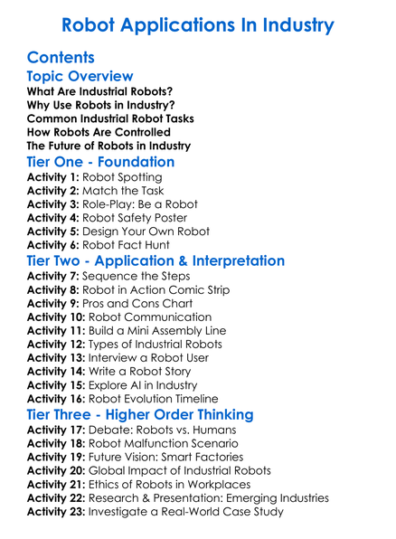 Robot Applications In Industry Worksheet Activity Booklet