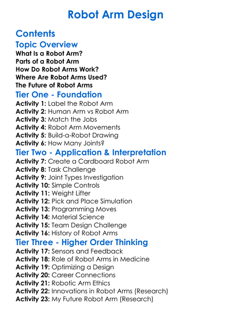 Robot Arm Design Worksheet Activity Booklet