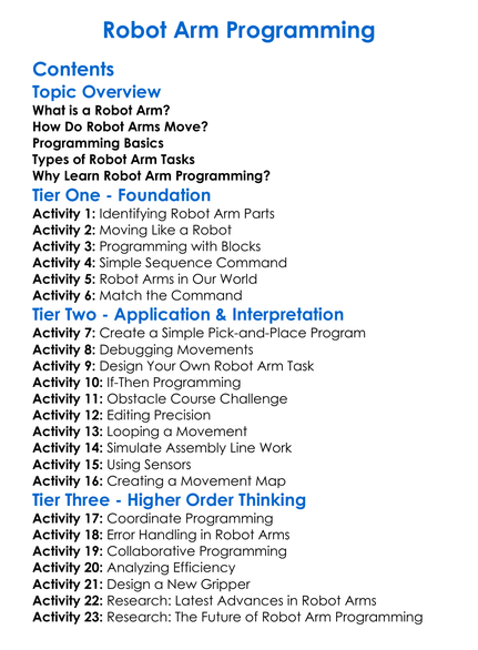 Robot Arm Programming Worksheet Activity Booklet