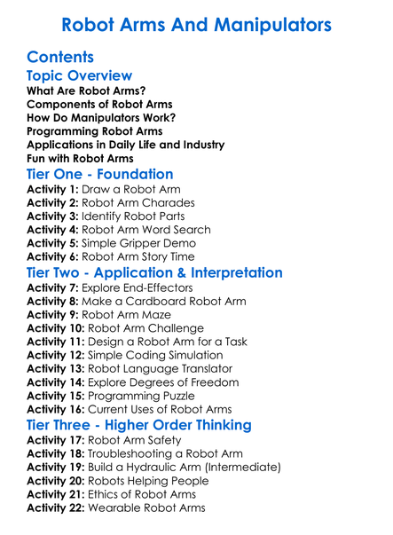 Robot Arms And Manipulators Worksheet Activity Booklet
