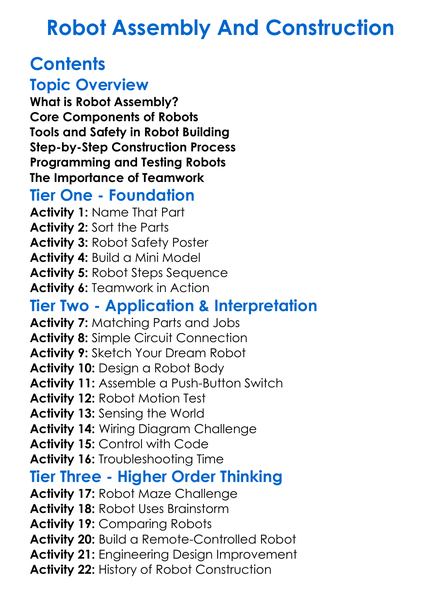 Robot Assembly And Construction Worksheet Activity Booklet