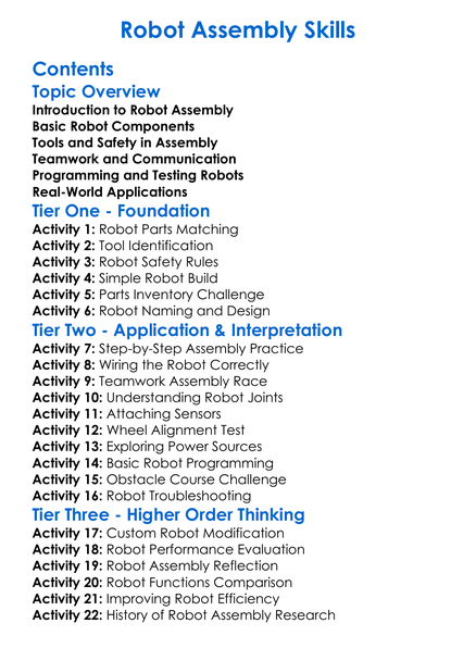 Robot Assembly Skills Worksheet Activity Booklet