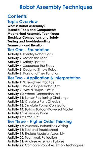 Robot Assembly Techniques Worksheet Activity Booklet