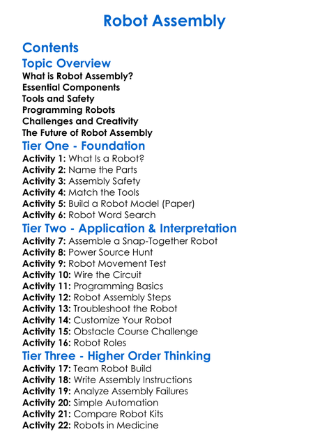 Robot Assembly Worksheet Activity Booklet