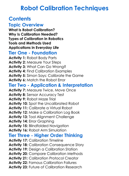 Robot Calibration Techniques Worksheet Activity Booklet