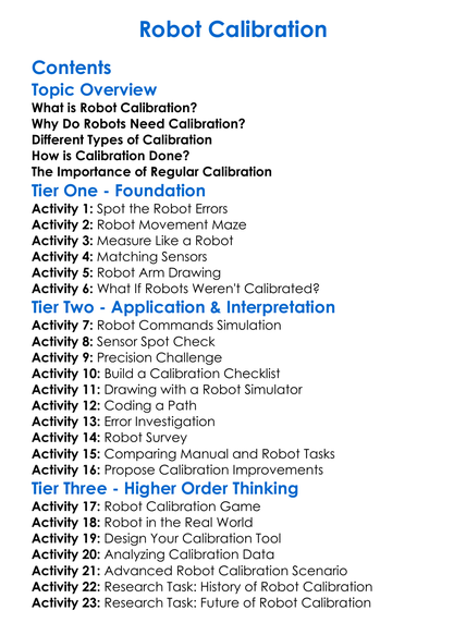 Robot Calibration Worksheet Activity Booklet