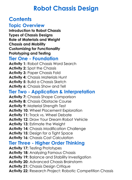 Robot Chassis Design Worksheet Activity Booklet