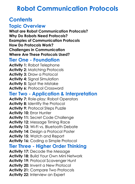 Robot Communication Protocols Worksheet Activity Booklet