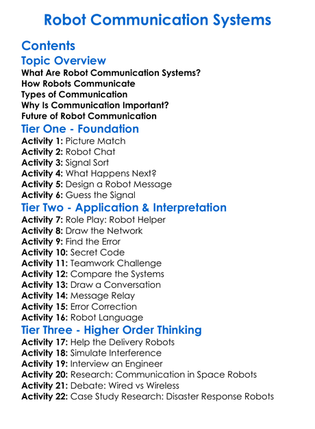 Robot Communication Systems Worksheet Activity Booklet