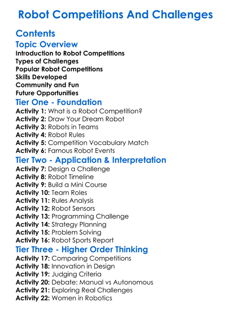 Robot Competitions And Challenges Worksheet Activity Booklet