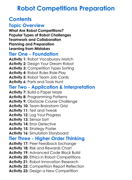 Robot Competitions Preparation Worksheet Activity Booklet