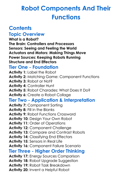 Robot Components And Their Functions Worksheet Activity Booklet