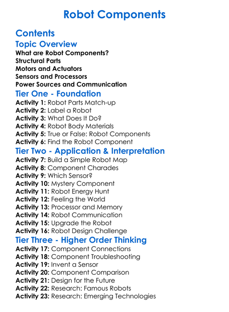 Robot Components Worksheet Activity Booklet