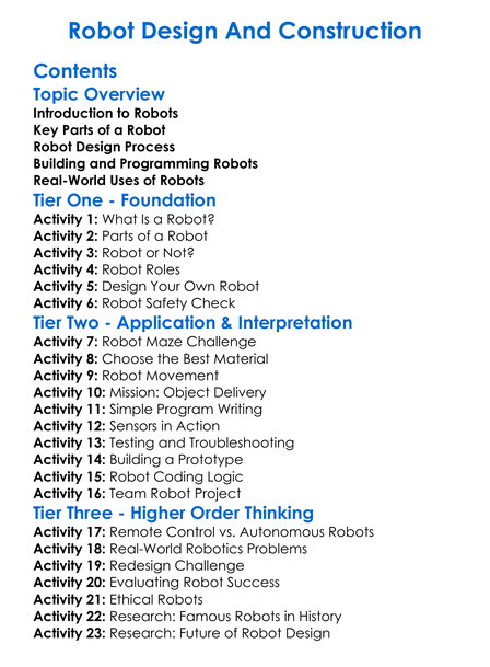 Robot Design And Construction Worksheet Activity Booklet