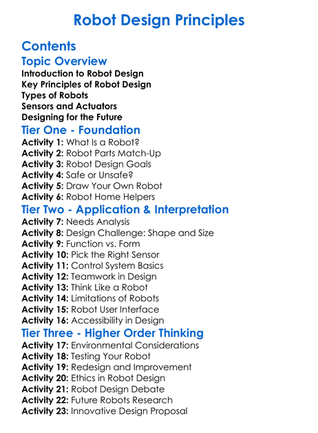 Robot Design Principles Worksheet Activity Booklet