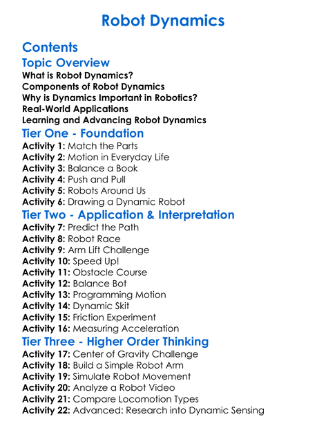 Robot Dynamics Worksheet Activity Booklet