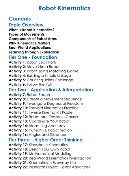 Robot Kinematics Worksheet Activity Booklet