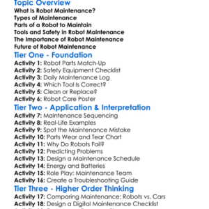 Robot Maintenance Worksheet Activity Booklet