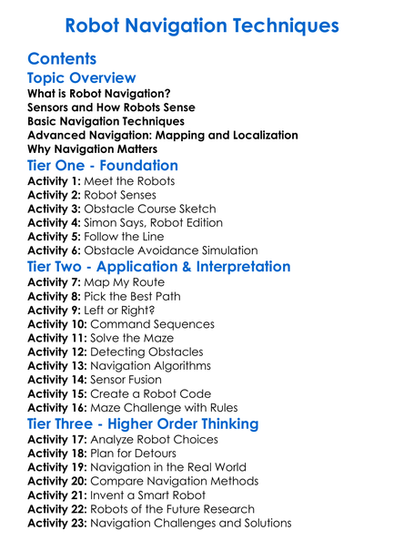 Robot Navigation Techniques Worksheet Activity Booklet